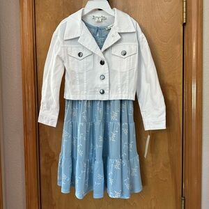 3 piece white jean jacket and blue daisy tiered dress